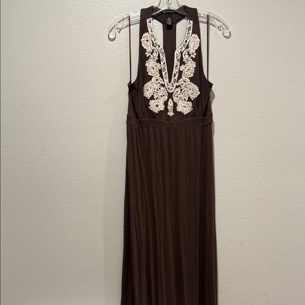 INC International Concepts Maxi Dress with light tan embroidery. PTP: 17” Lg:59”